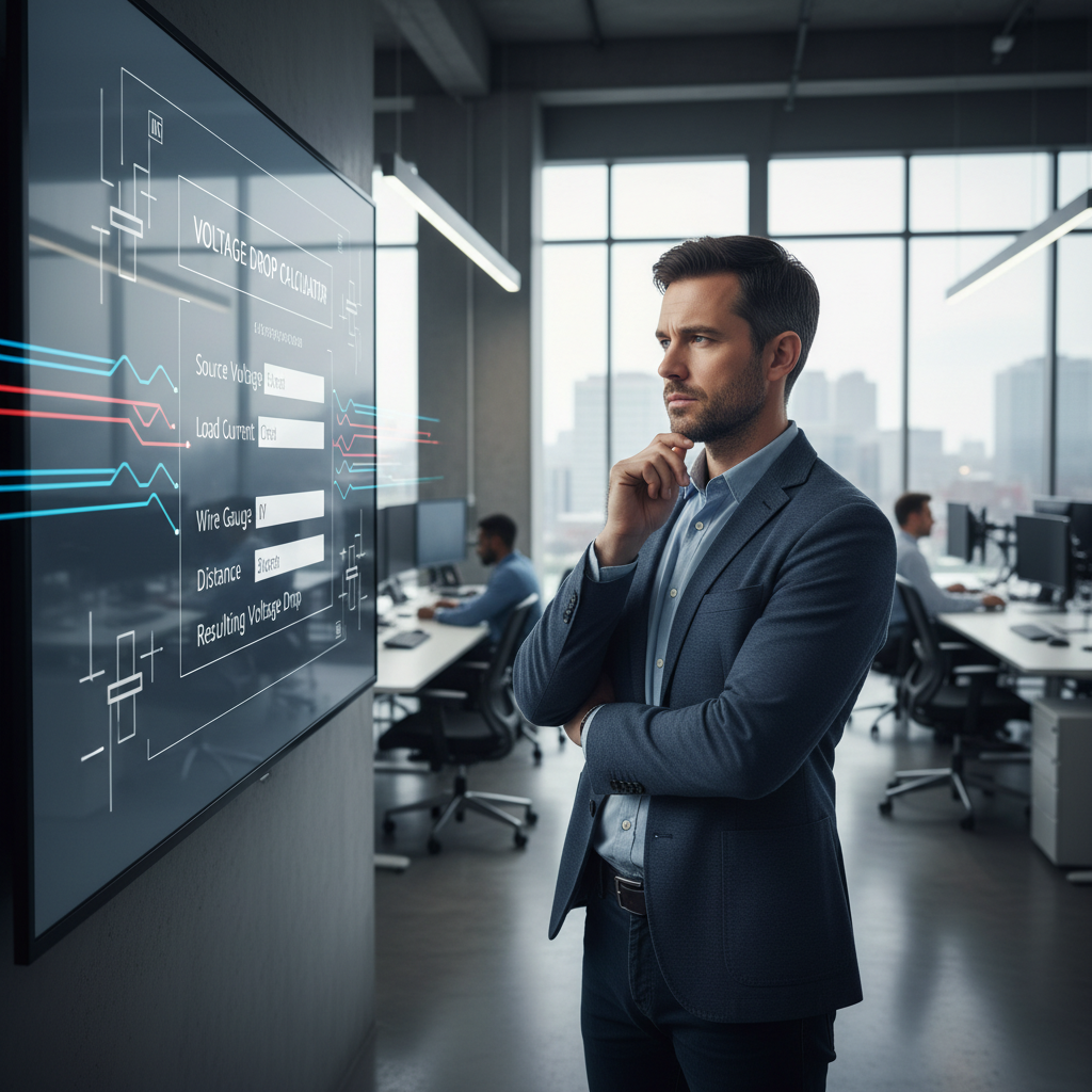 An electrical engineer analyzing a digital voltage drop calculator display in a professional setting.