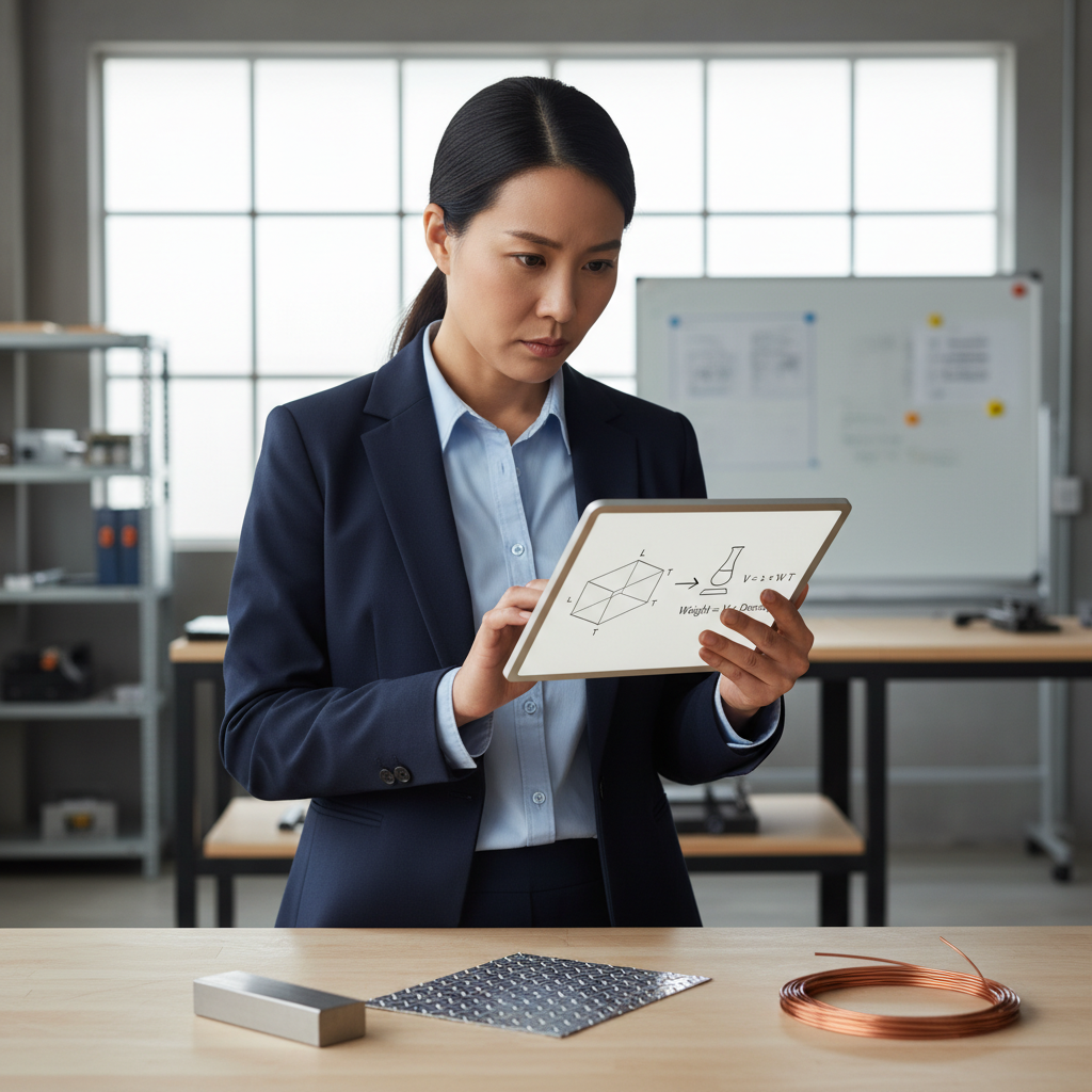 An engineer examining a digital tablet displaying metal weight calculation formulas, with metal samples on a workbench.