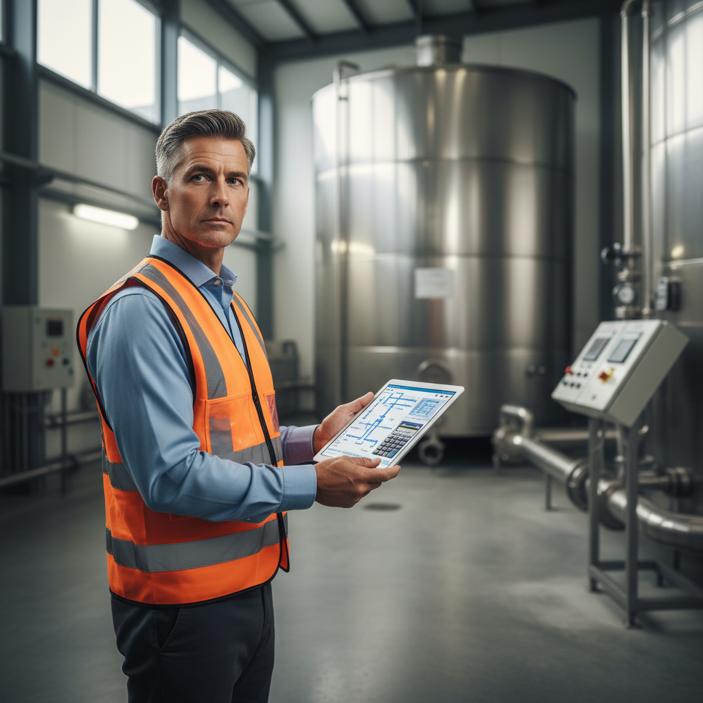 An engineer in a safety vest using a tablet to calculate water tank volume in an industrial setting.