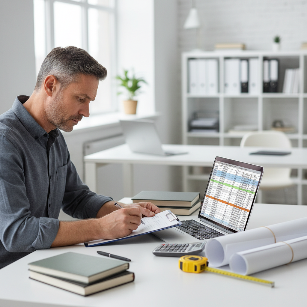 An engineer reviews schematics and data, performing calculations at a professional desk.