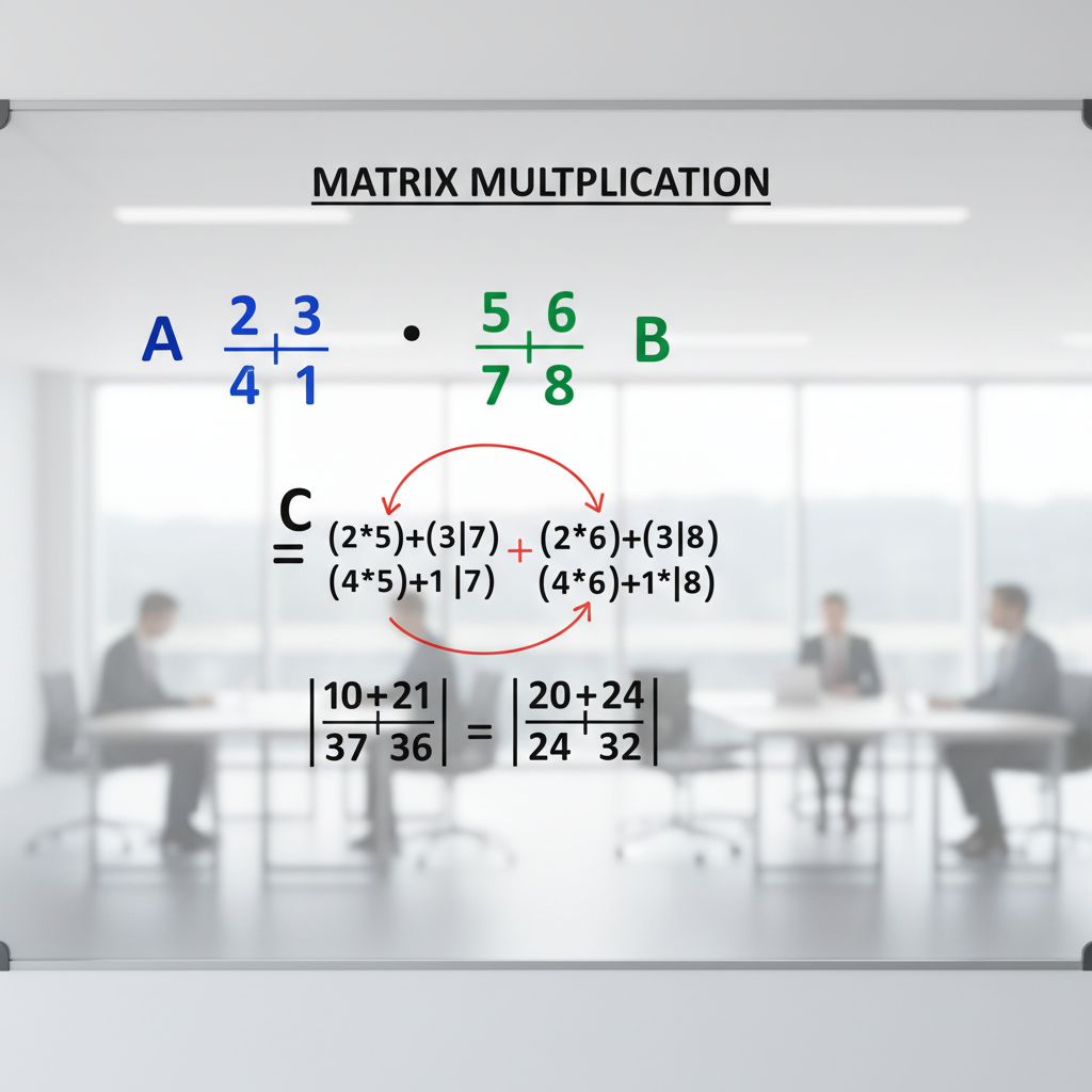An example of matrix multiplication displayed on a whiteboard or screen.