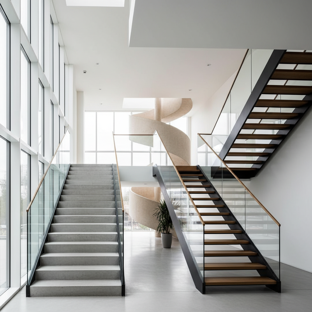 Architectural photograph featuring various modern staircase designs including straight, L-shaped, and spiral layouts.