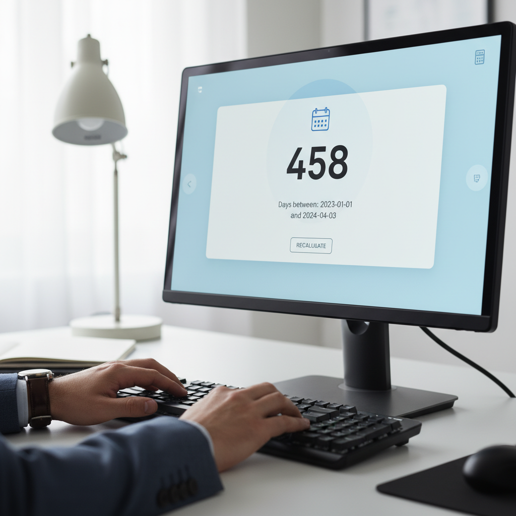 Close-up of a computer screen showing the calculated number of days between two dates.