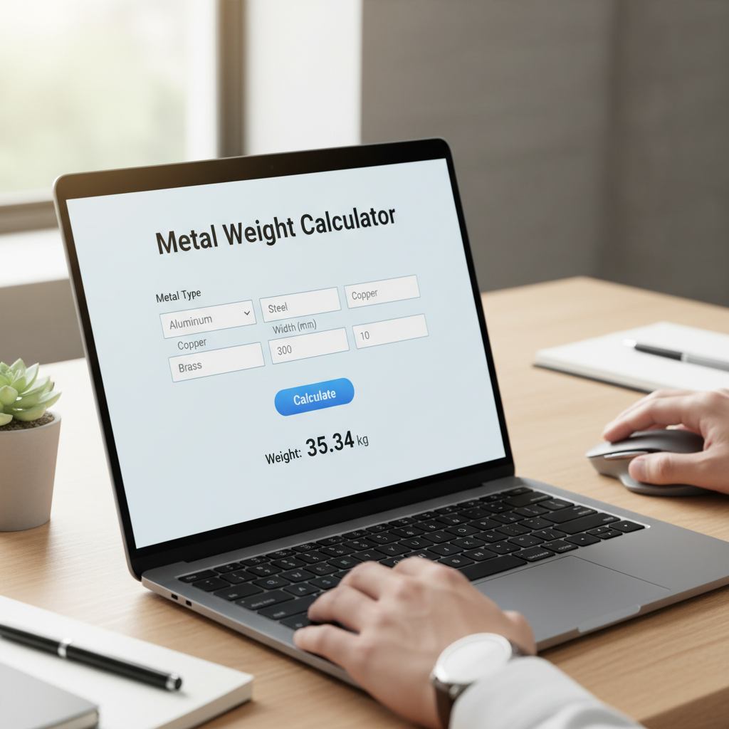 Close-up of a laptop screen displaying a metal weight calculator tool, with hands lightly touching a mouse in the background.