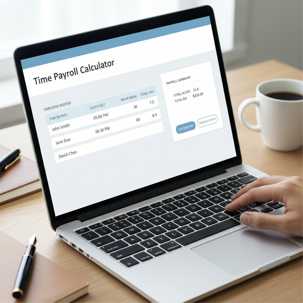 Close-up of a modern online time payroll calculator interface on a tablet, showing time entry fields.