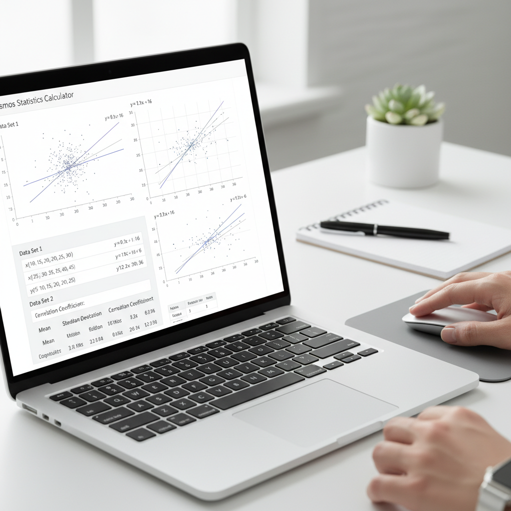Close-up of hands interacting with the Desmos Statistics Calculator on a laptop screen in a modern office.
