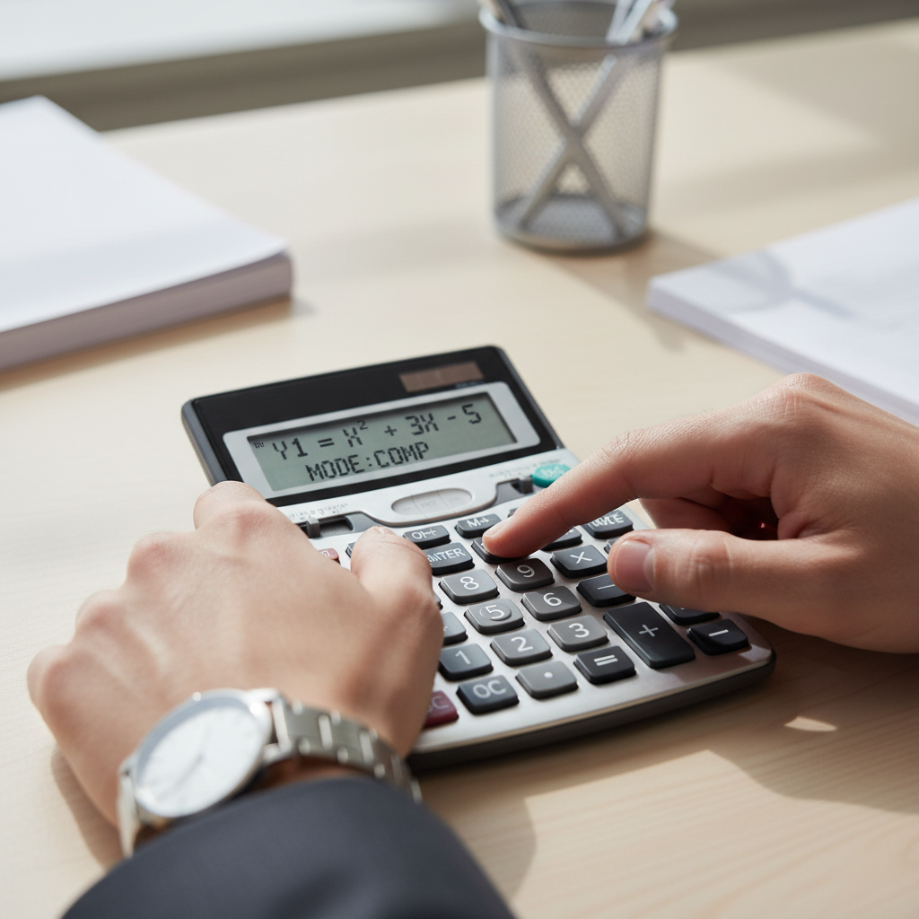 Close-up of hands operating a scientific calculator, pressing buttons to change mode.