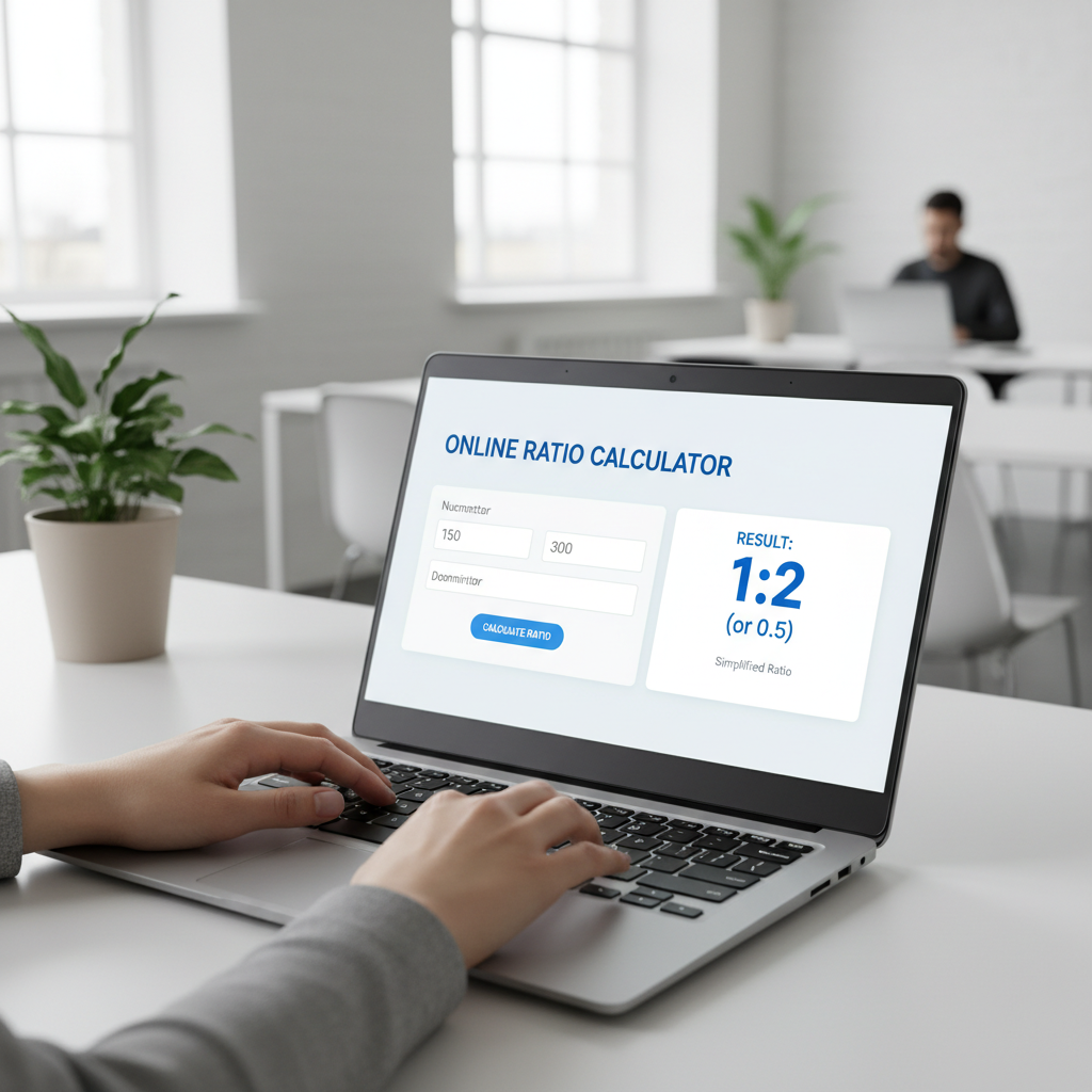 Close-up of hands typing on a laptop, showing a ratio calculator website on the screen in a modern office.