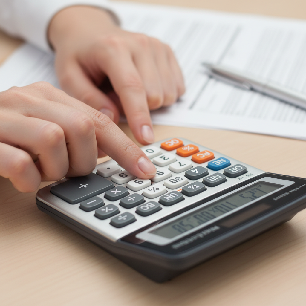 Close-up of hands using a calculator to perform a calculation.