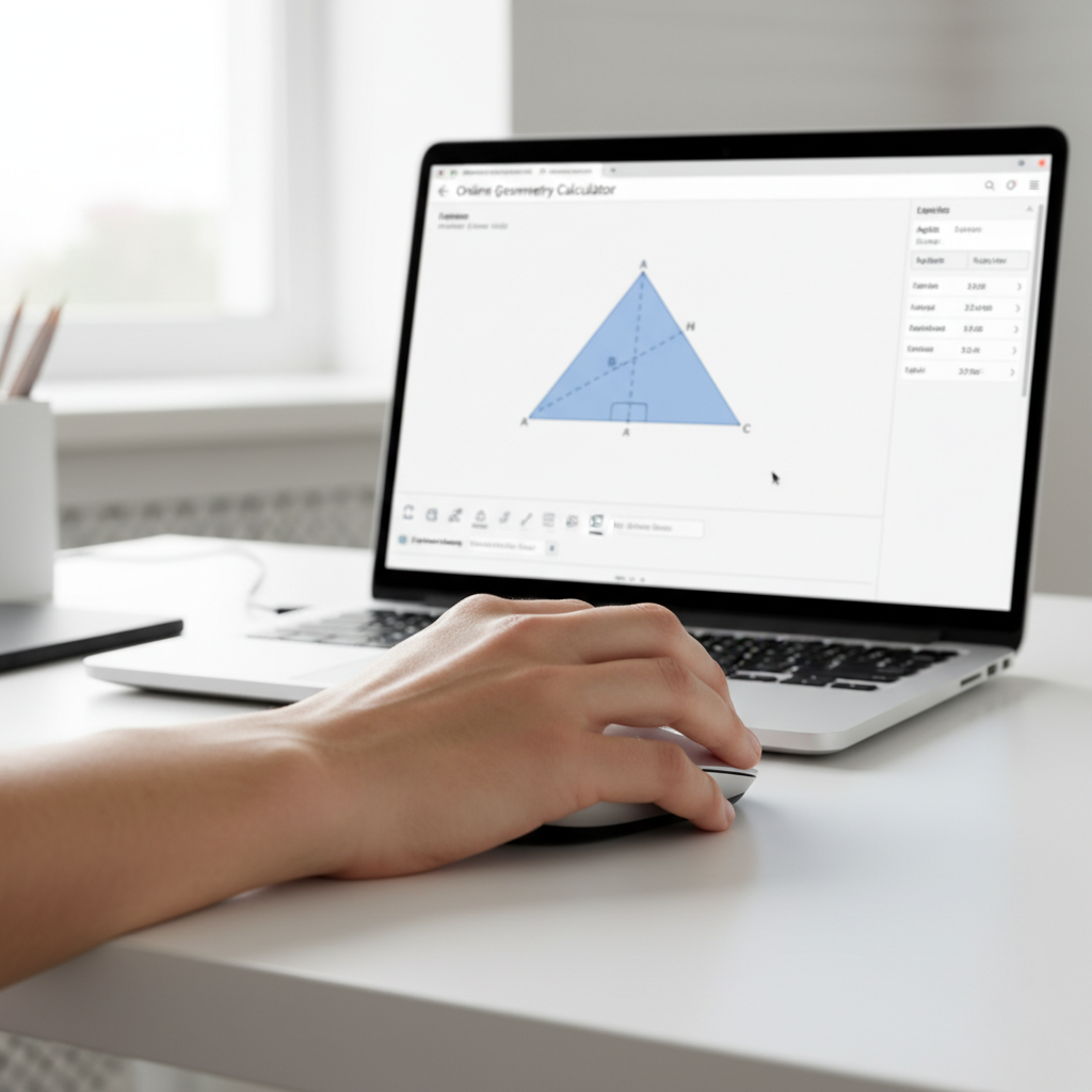Close-up of hands using a mouse to interact with an online geometry calculator on a laptop.