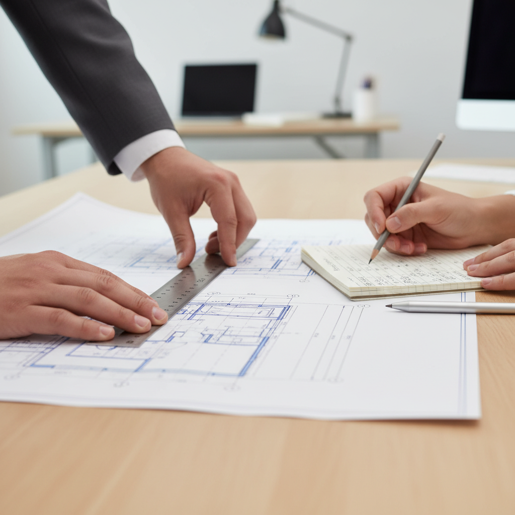 Close-up of hands using a ruler and making calculations on paper, illustrating measurement conversion.
