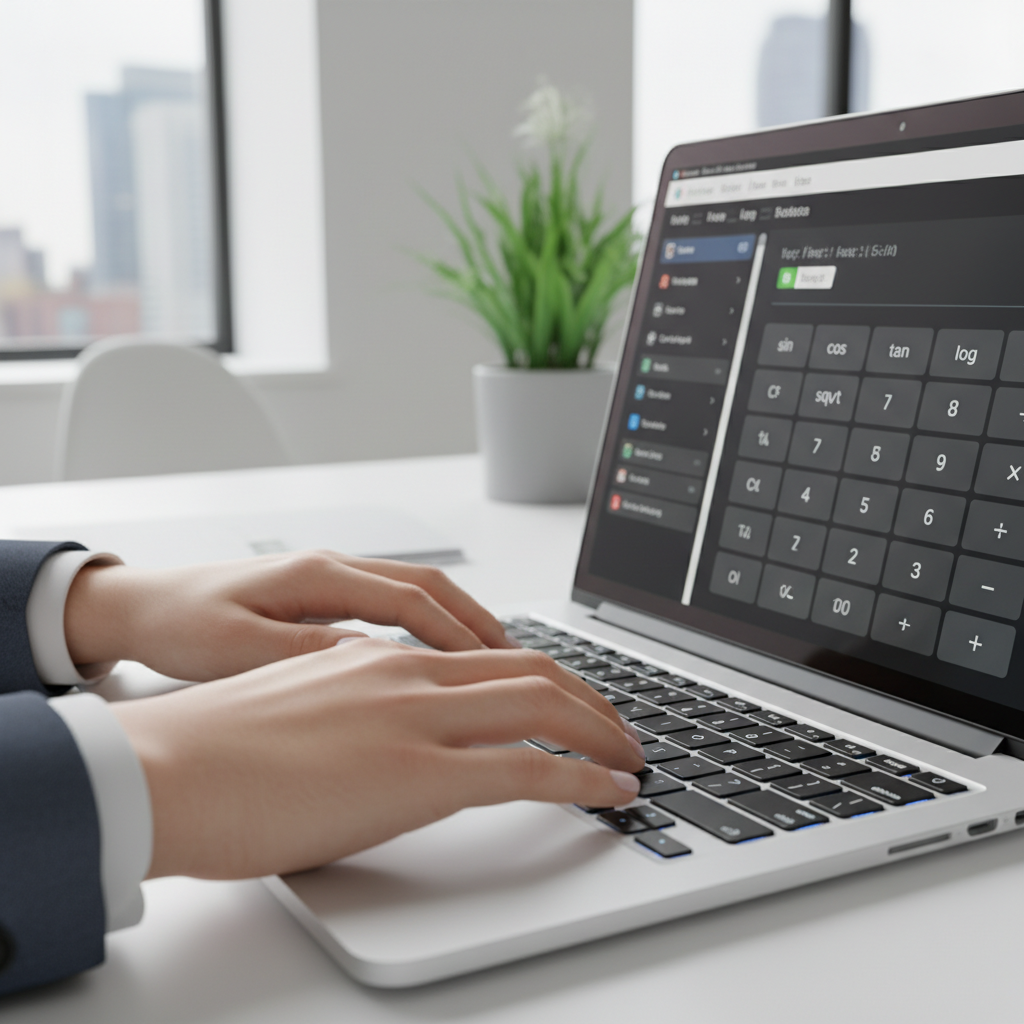 Close-up of hands using an online scientific calculator on a laptop.