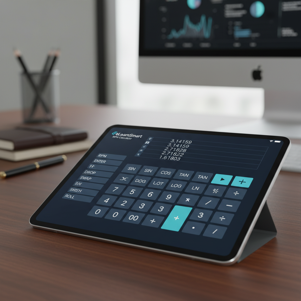 Close-up of the eLearnSmart RPN Calculator's user interface on a tablet screen, showing its features.