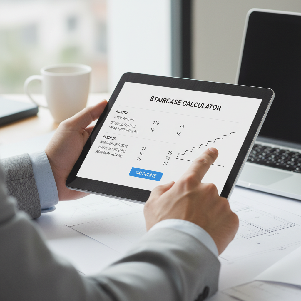 Close-up view of hands using a digital staircase calculator on a tablet device.