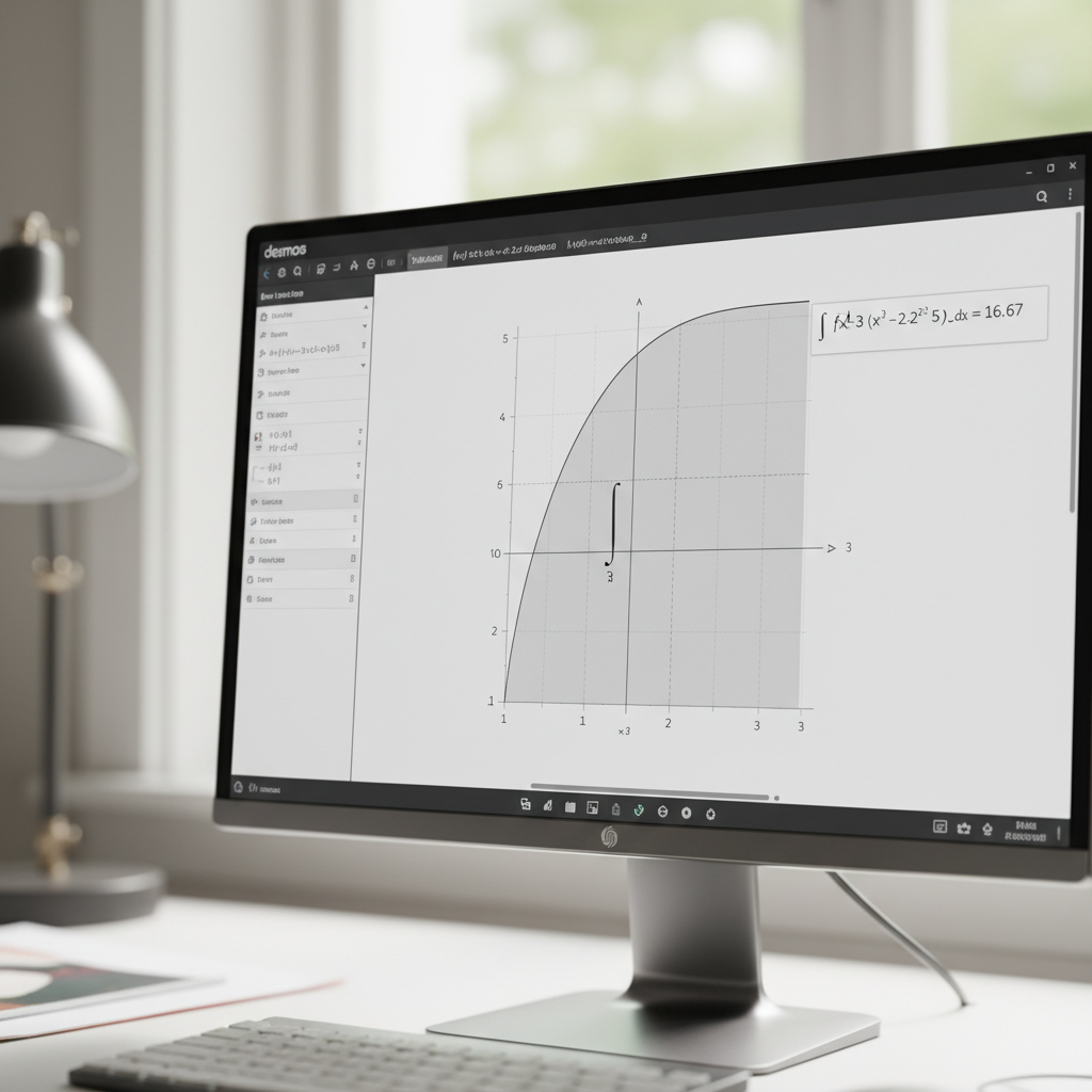 Desmos graphing calculator interface displaying a definite integral calculation and its graphical representation.
