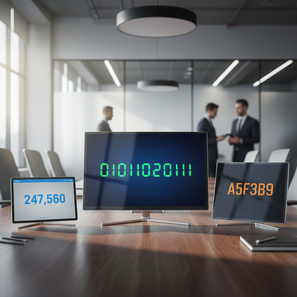 Digital screens showcasing examples of binary, decimal, and hexadecimal number systems.