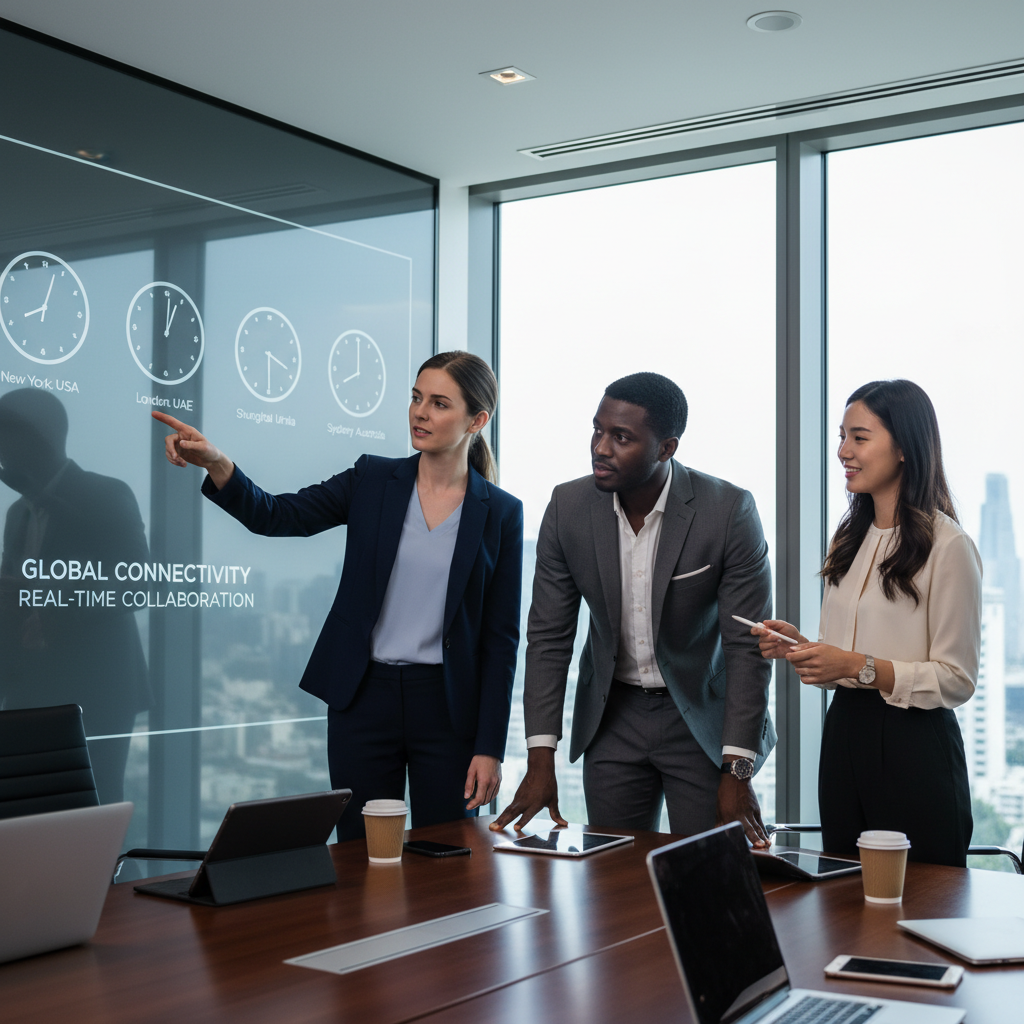 Diverse business professionals in a modern meeting room, collaborating and looking at a screen displaying global time zones.