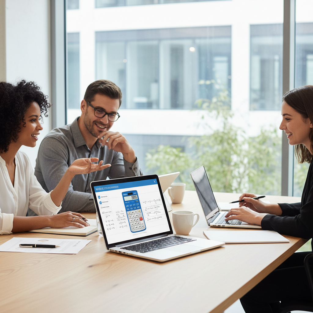 Diverse professionals collaborating with laptops, one screen showing a scientific calculator.
