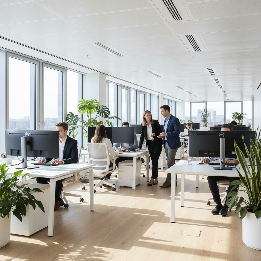 Diverse professionals work comfortably in a bright, well-ventilated modern office.