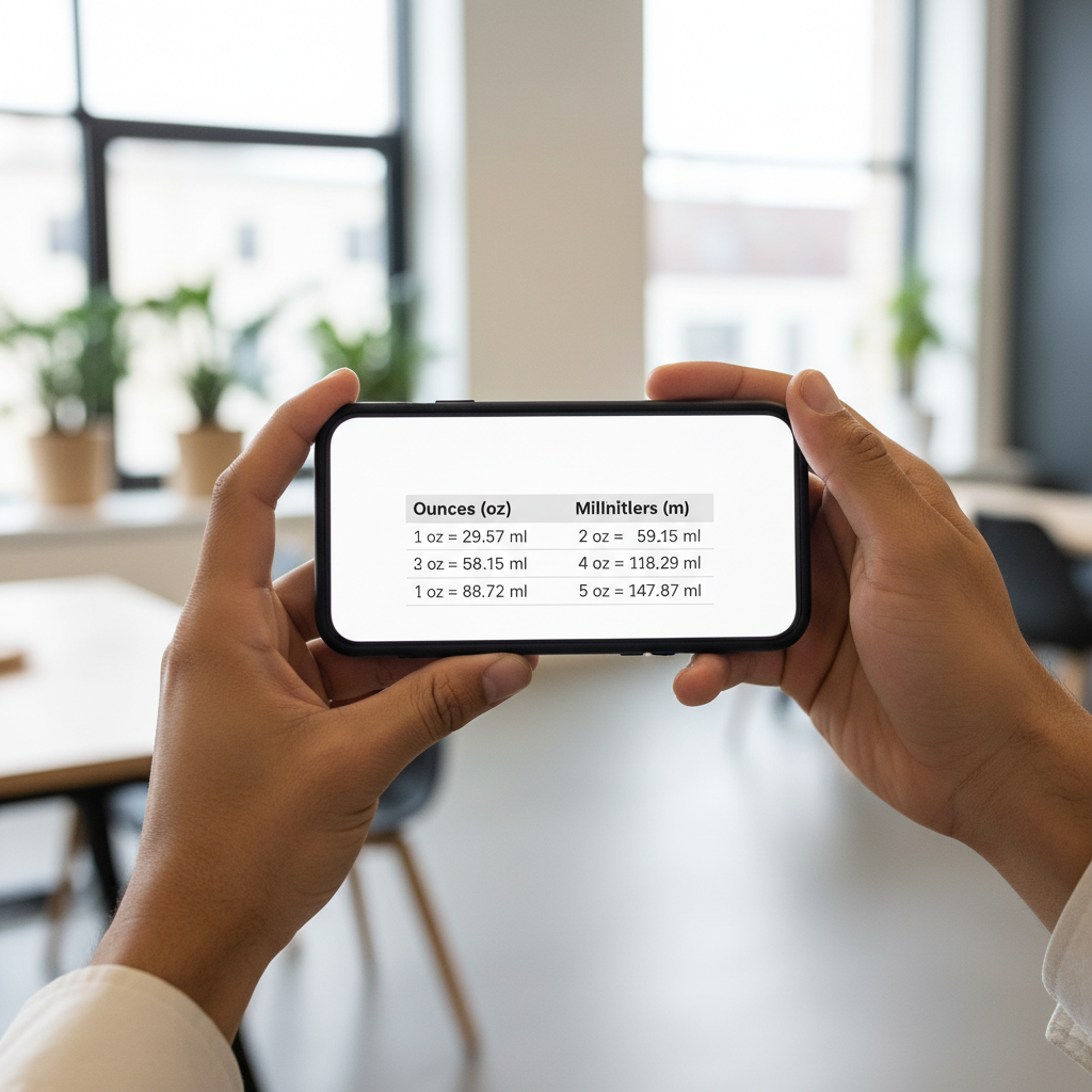 Hands holding a smartphone displaying a digital ounces to milliliters conversion chart.