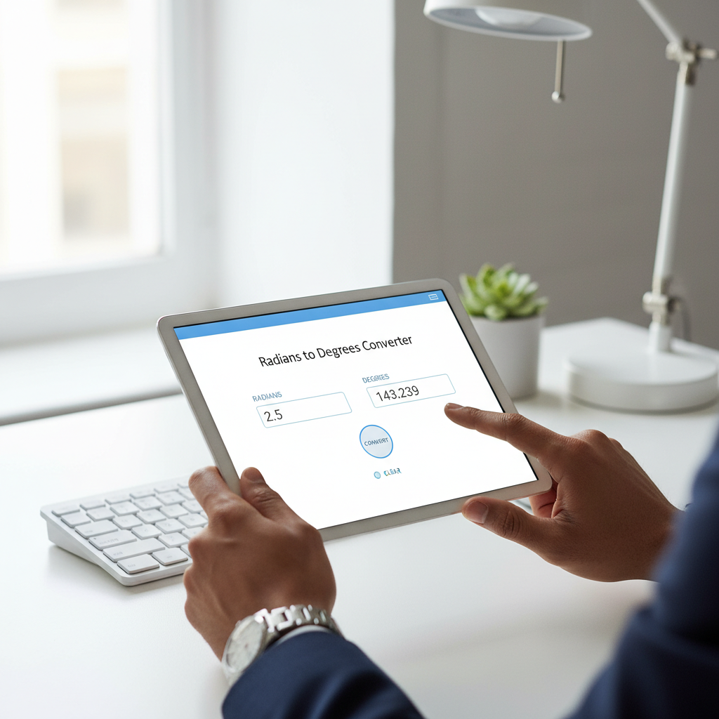 Hands interacting with a digital interface of a radians to degrees converter tool on a modern tablet in a professional setting.