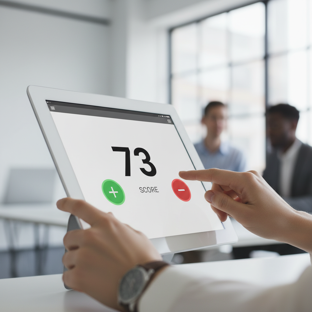 Hands interacting with a digital score counter interface on a laptop.