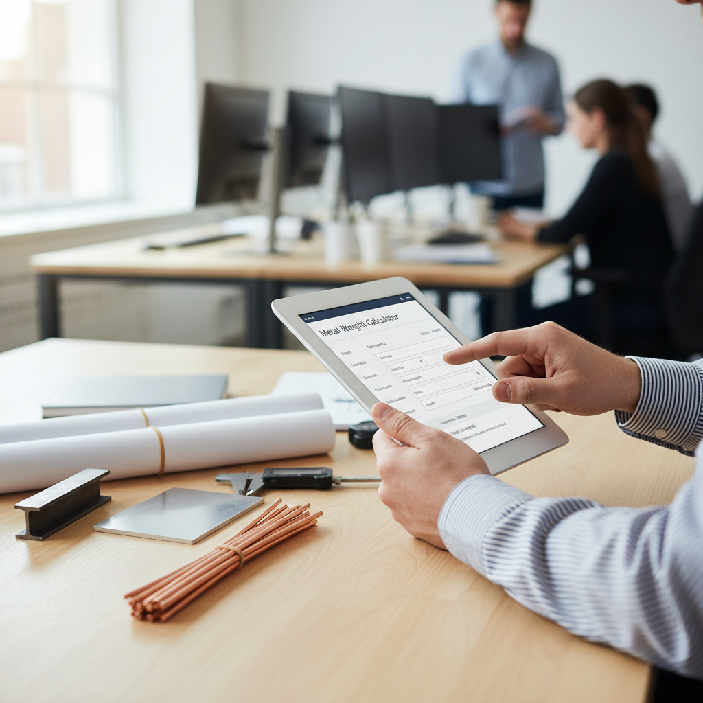 Hands interacting with an online metal weight calculator on a tablet, with metal samples and blueprints on a professional workbench.