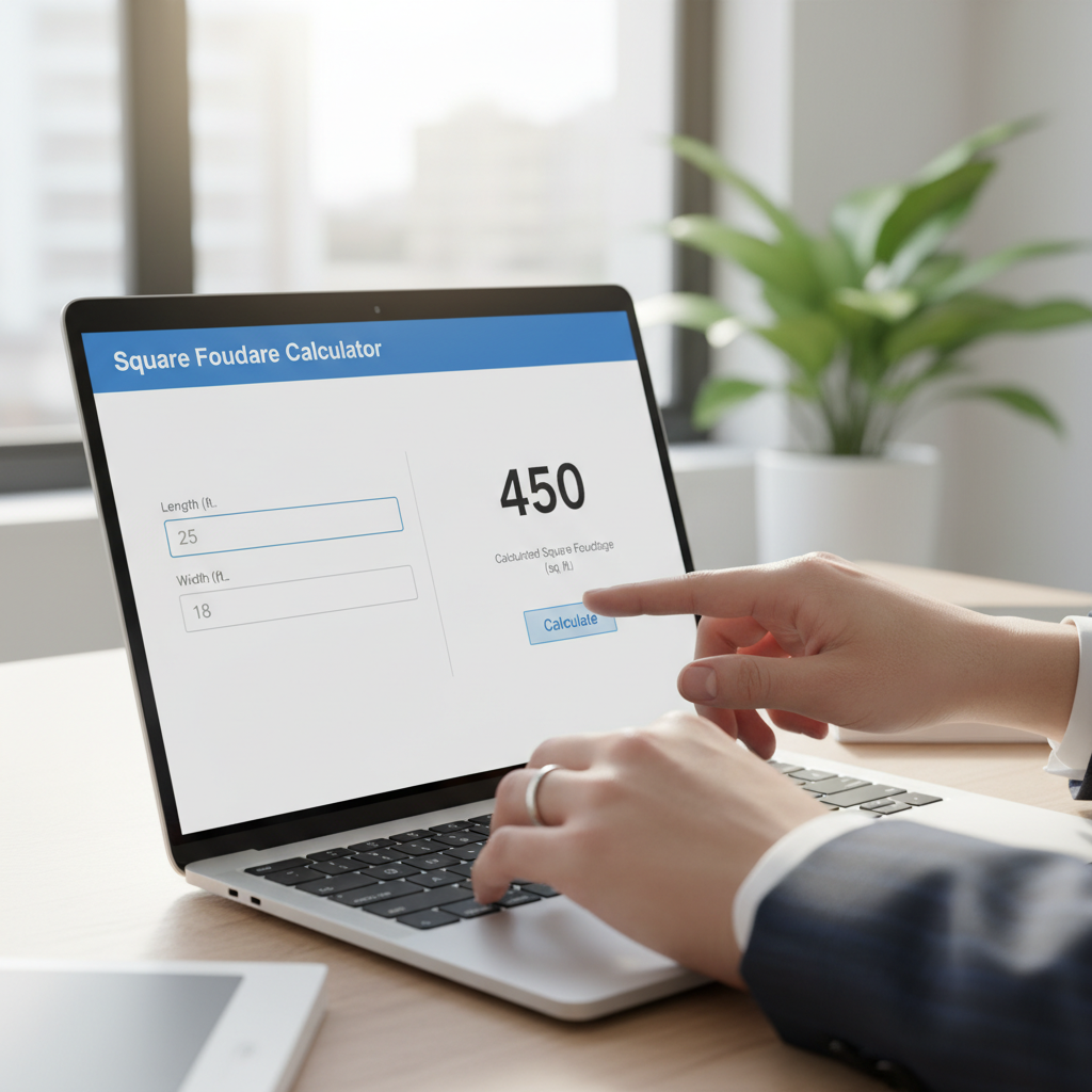 Hands interacting with an online square feet calculator on a tablet screen, showing calculated square footage.