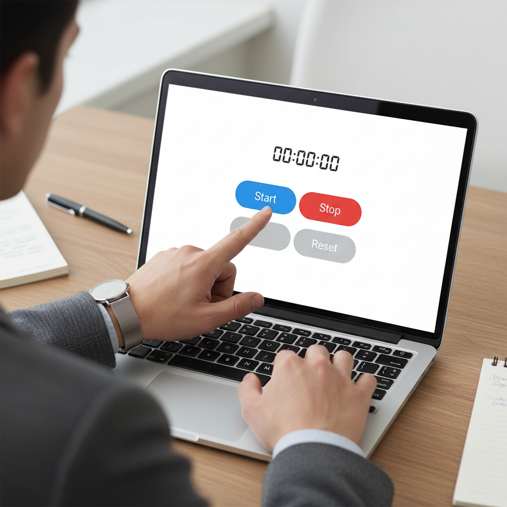 Hands interacting with an online stopwatch calculator displayed on a laptop screen, poised to click the 'Start' button.