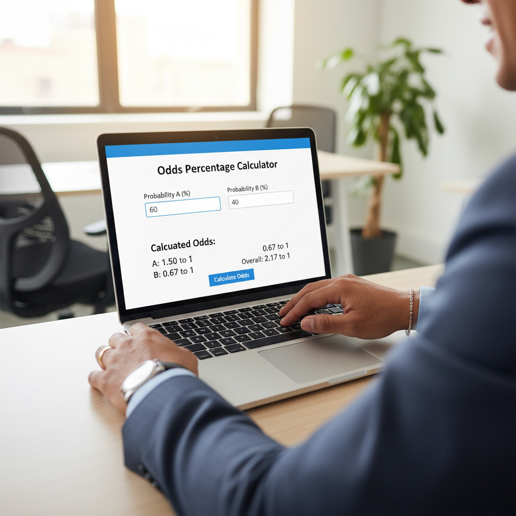 Hands of a professional using a digital odds percentage calculator on a laptop in an office.