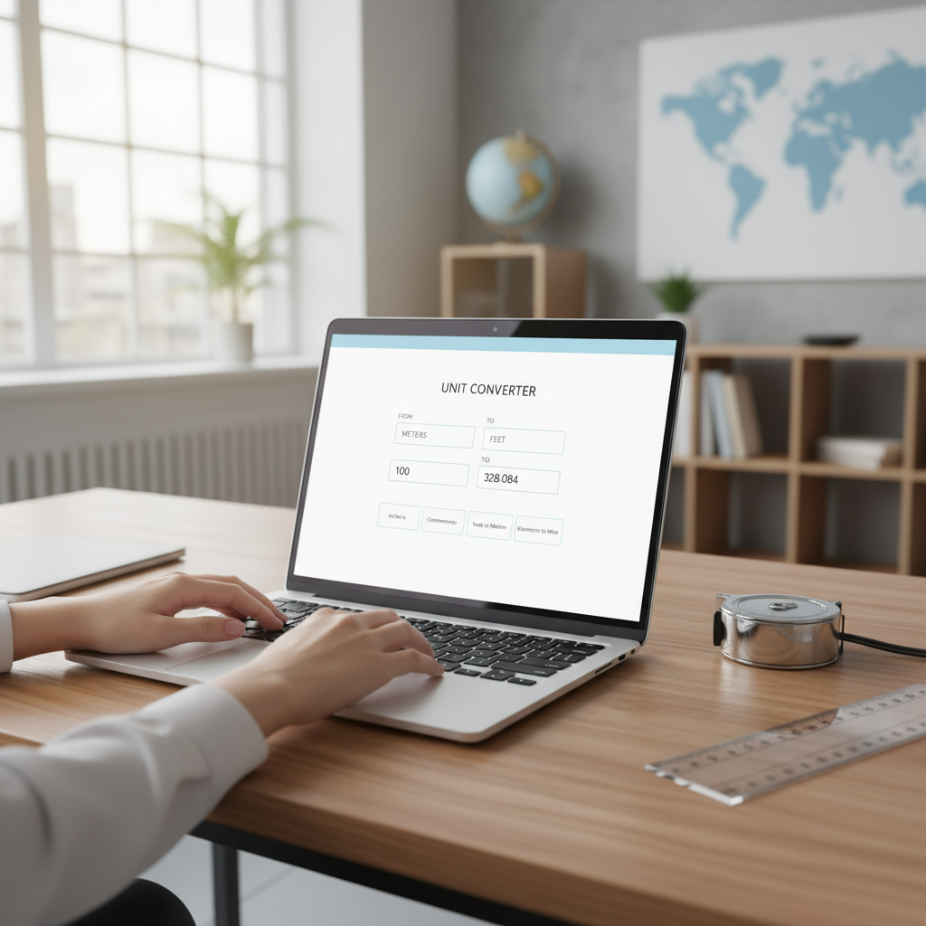 Hands on a laptop using an online length converter tool on a modern desk with a tape measure and ruler.