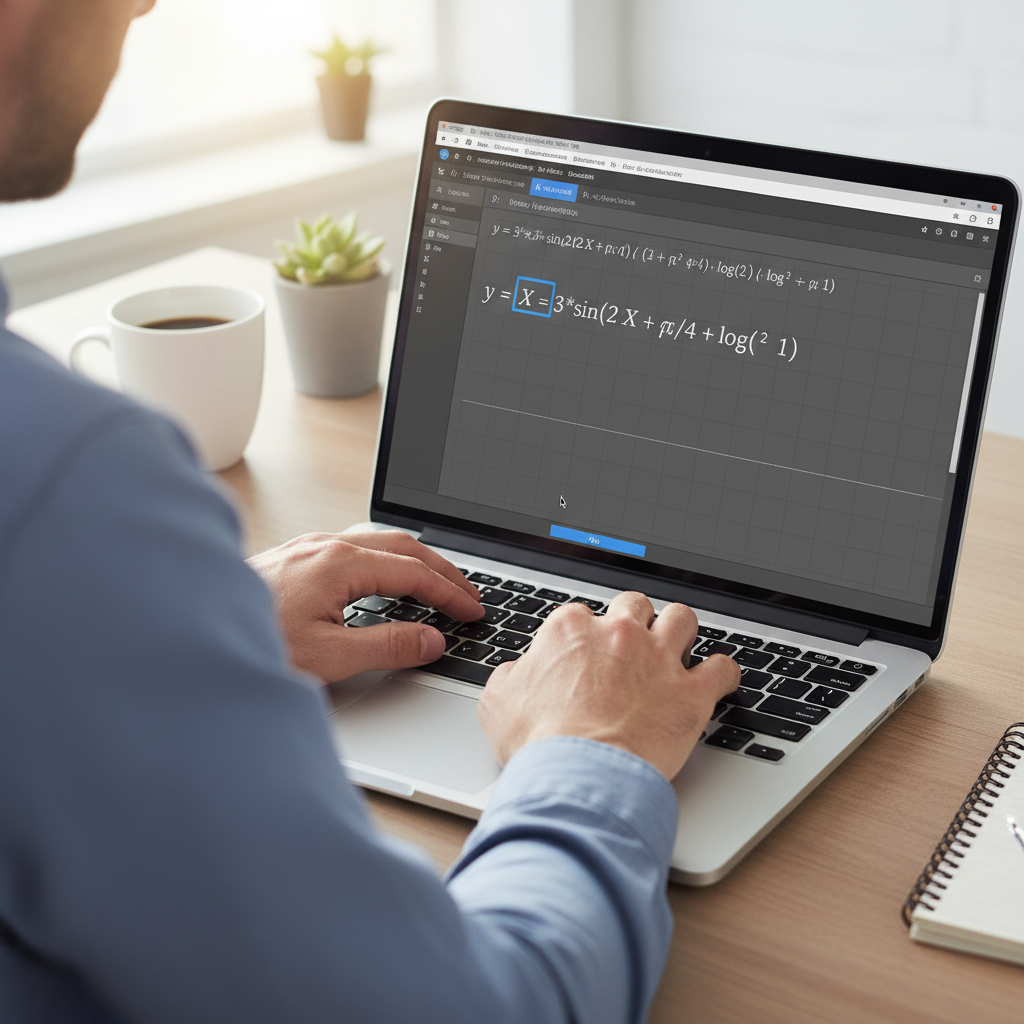 Hands typing an equation with the variable X into the Desmos solver on a laptop.