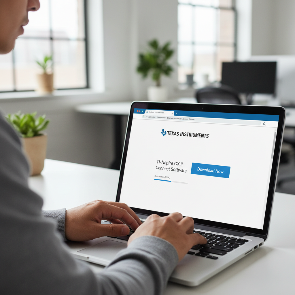 Hands typing on a laptop showing the official Texas Instruments software download page.