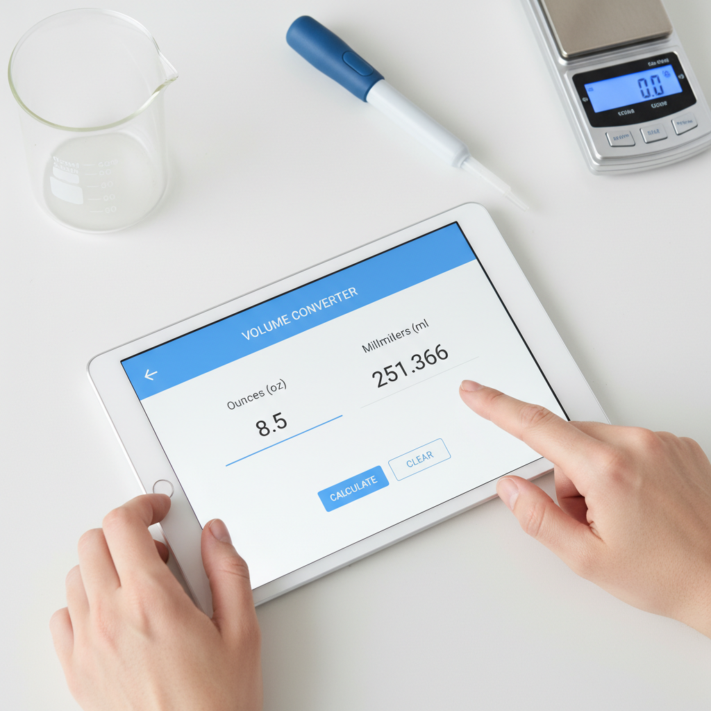 Hands using a digital oz to ml converter on a tablet, with blurred laboratory-style measuring equipment in the background.