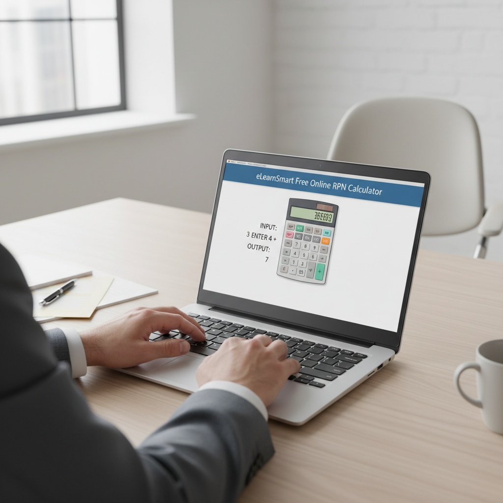 Hands using a laptop to operate the eLearnSmart Free Online RPN Calculator.