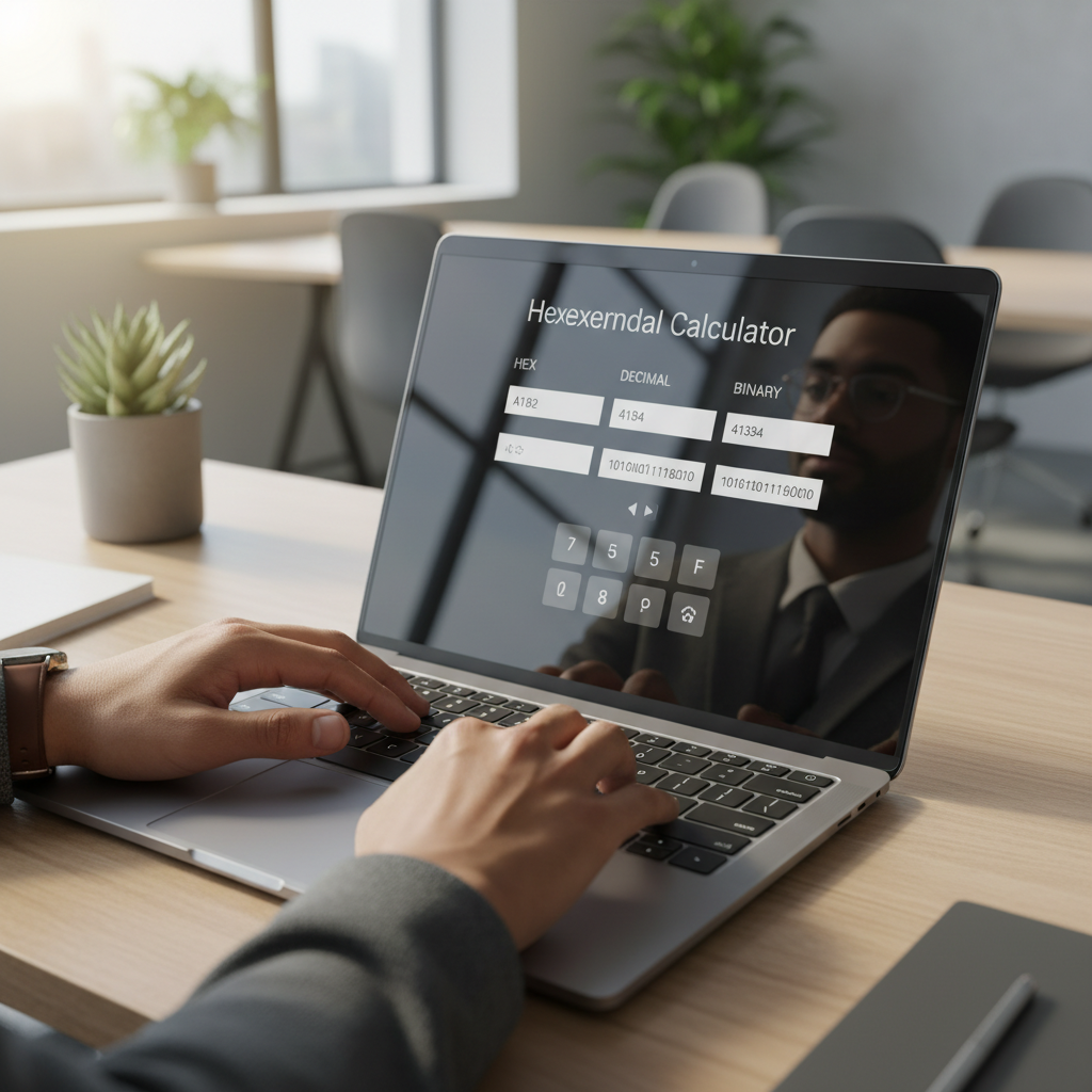 Hands using a laptop with a hexadecimal calculator website displayed on the screen.