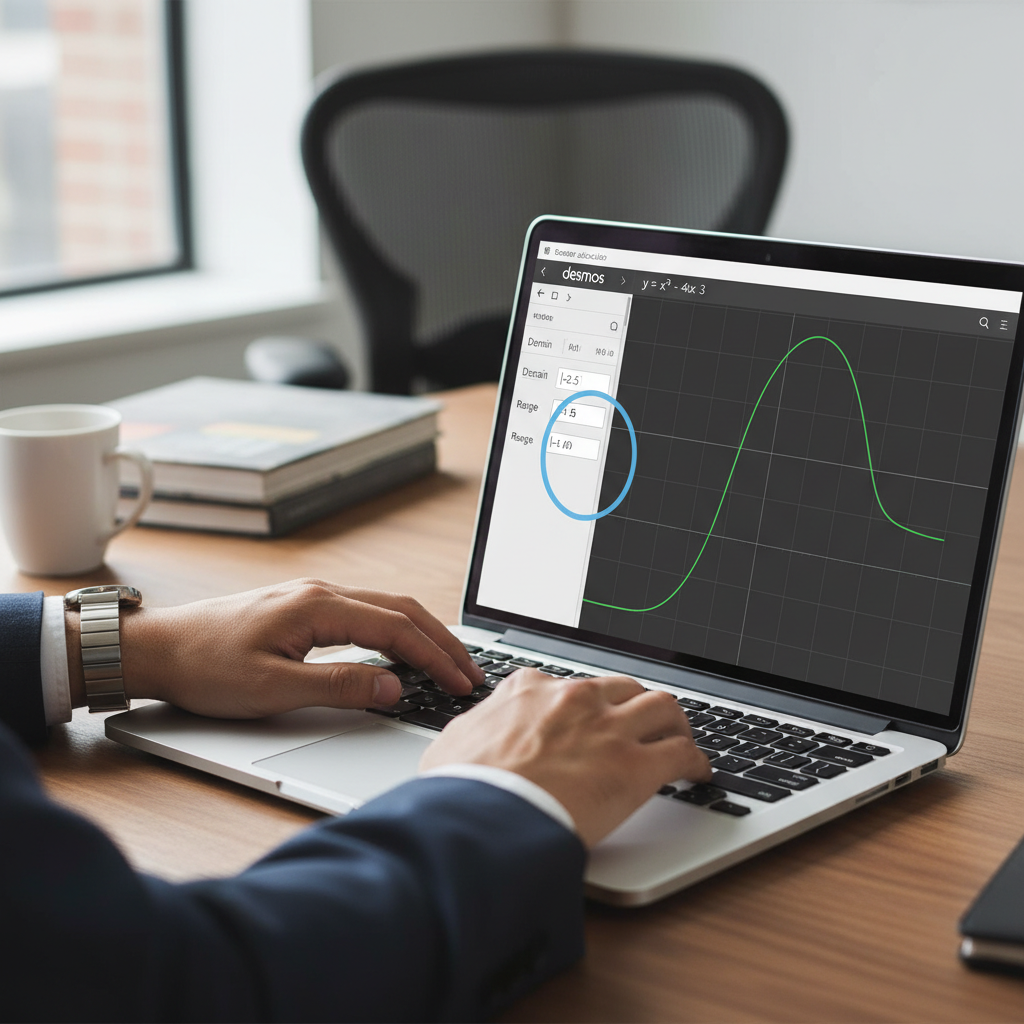 Hands using a laptop with the Desmos graphing calculator open, showing a function's graph and input fields.