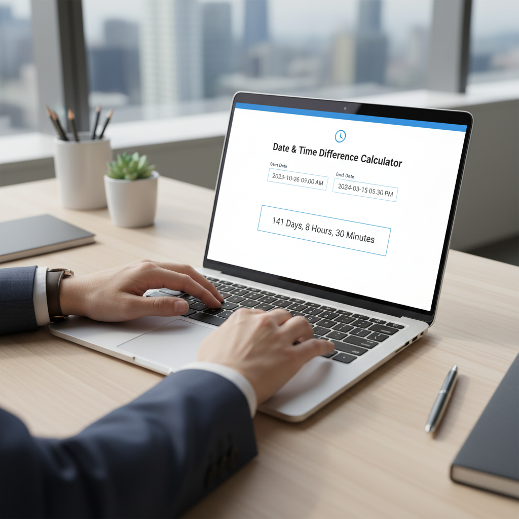 Hands using an online date calculator on a laptop in a modern professional office setting.