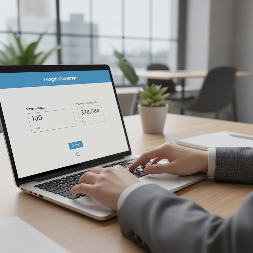 Hands using an online length converter tool on a laptop screen.