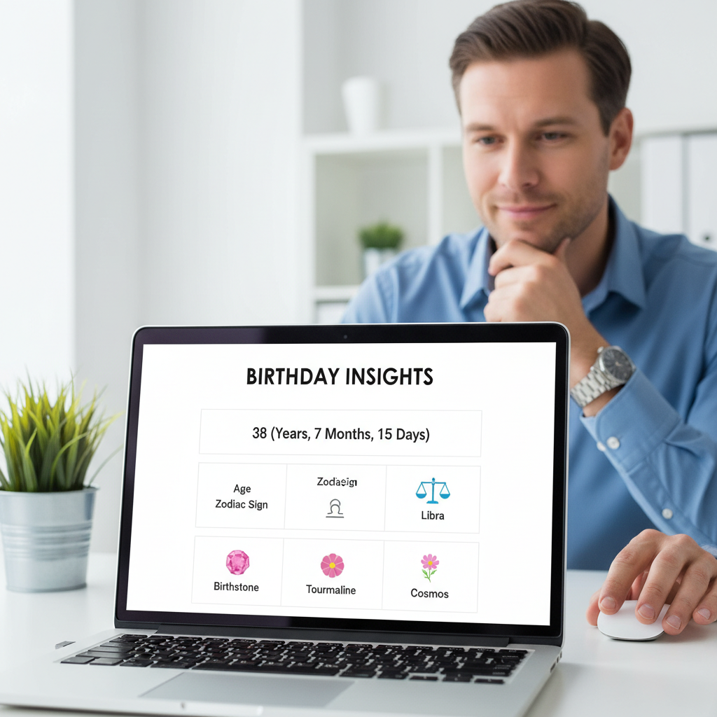 Laptop screen showing age, zodiac sign, birthstone, and other birth details from an online calculator.