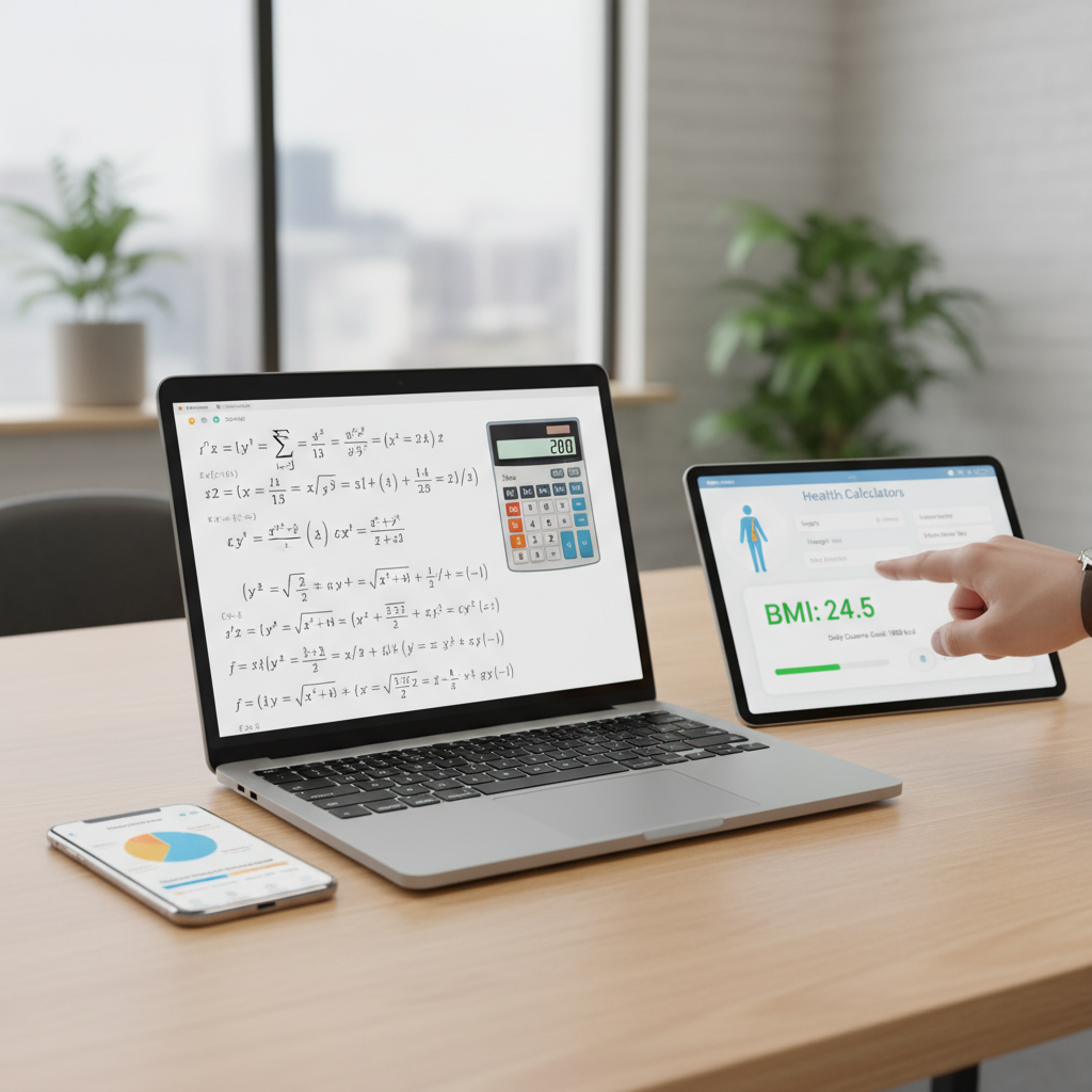 Multiple digital screens showing different types of online calculators, including math, health, and finance.