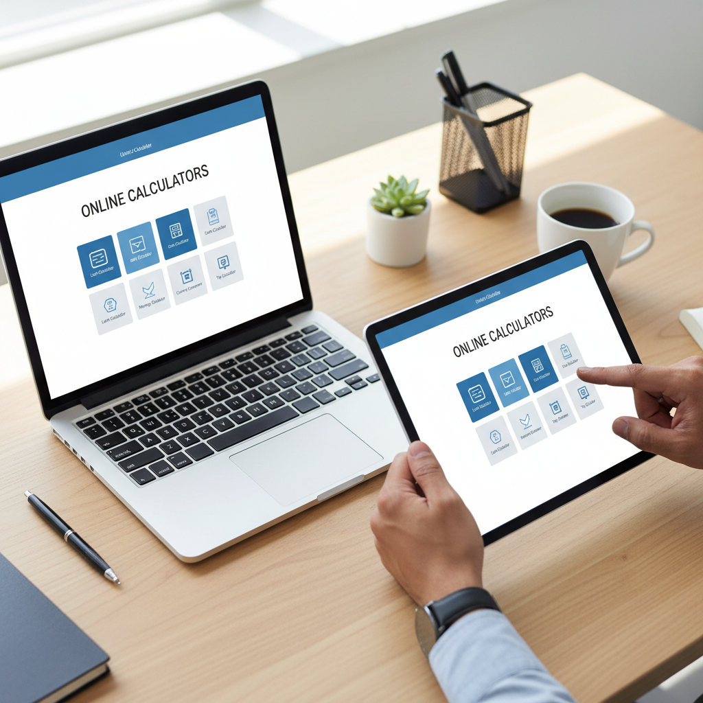 Multiple screens on a desk displaying a wide variety of online calculators available.