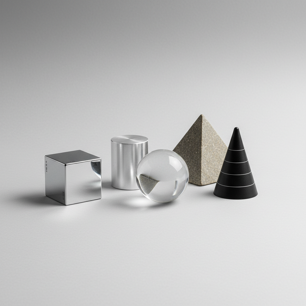 Photorealistic 3D geometric shapes including a cube, cylinder, sphere, cone, and pyramid.