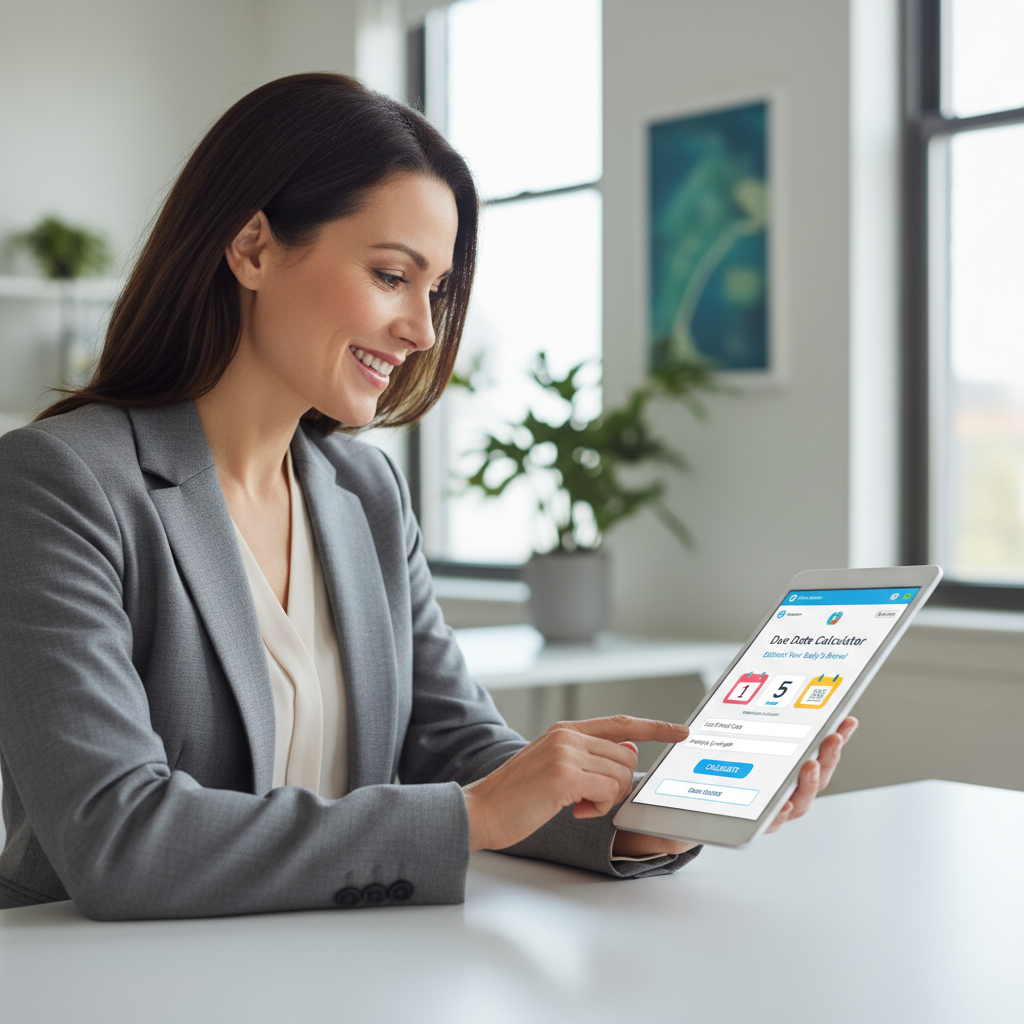 Professional woman smiling while using an online birth calculator on a tablet in an office.