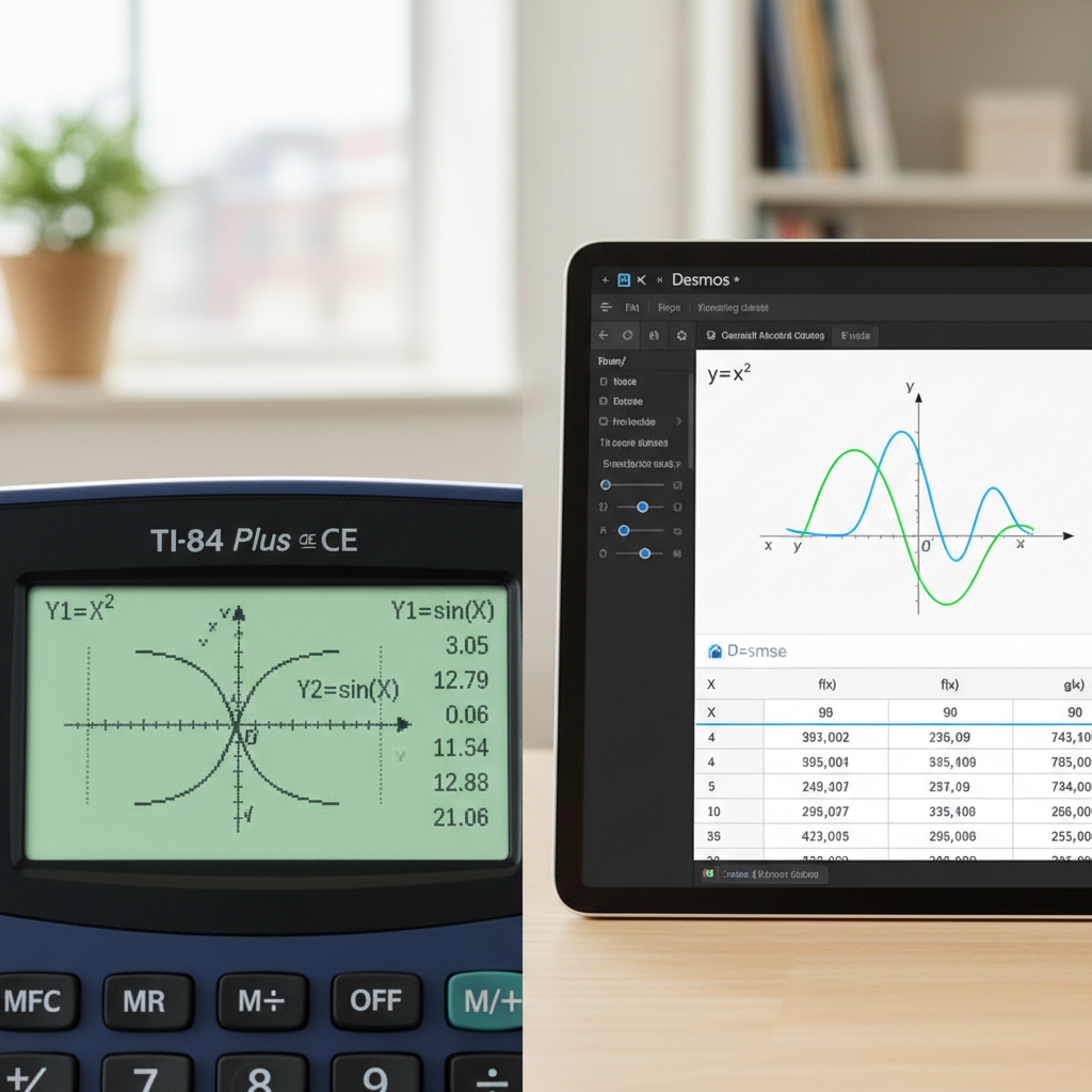 Side-by-side comparison of graphing functions on a TI-84 calculator screen and a Desmos digital interface, showing feature differences.