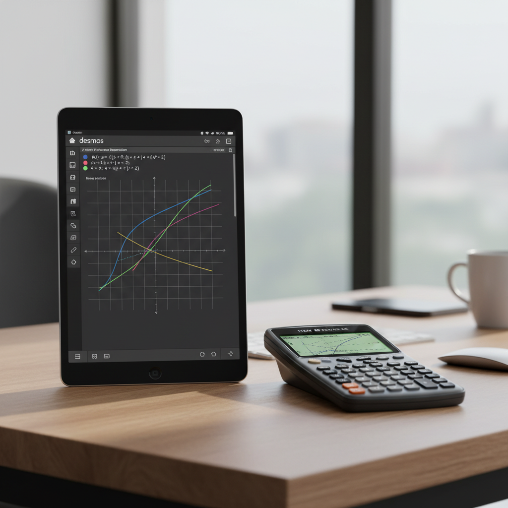 Side-by-side comparison of piecewise function graphing on Desmos via a tablet and a traditional graphing calculator.