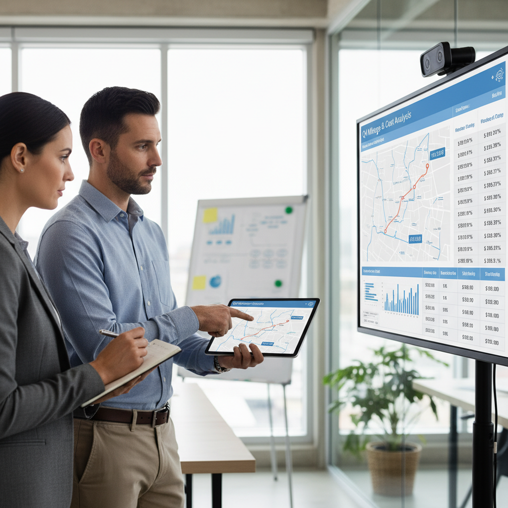 Three business professionals reviewing mileage data and discussing planning in a modern office.