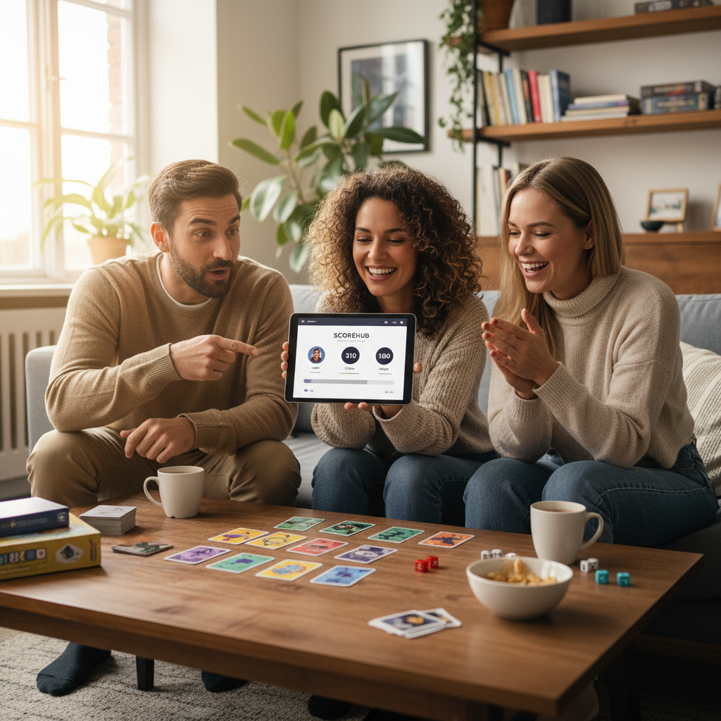 Three friends using a tablet to keep score during a casual board game.