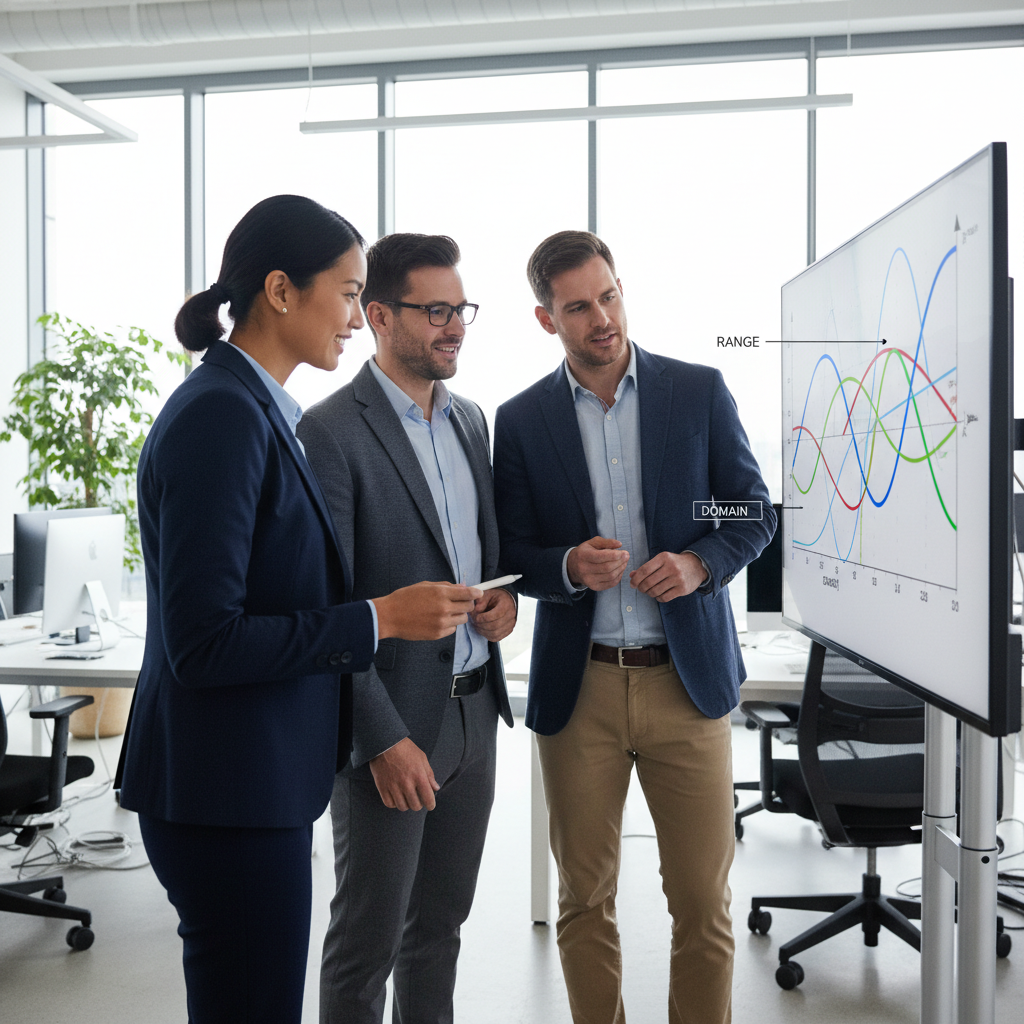 Three professionals collaboratively examining a mathematical graph on a large digital screen in an office.