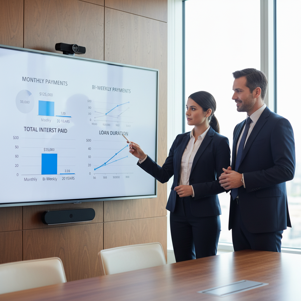 Two business professionals analyzing financial charts comparing loan payment frequencies.